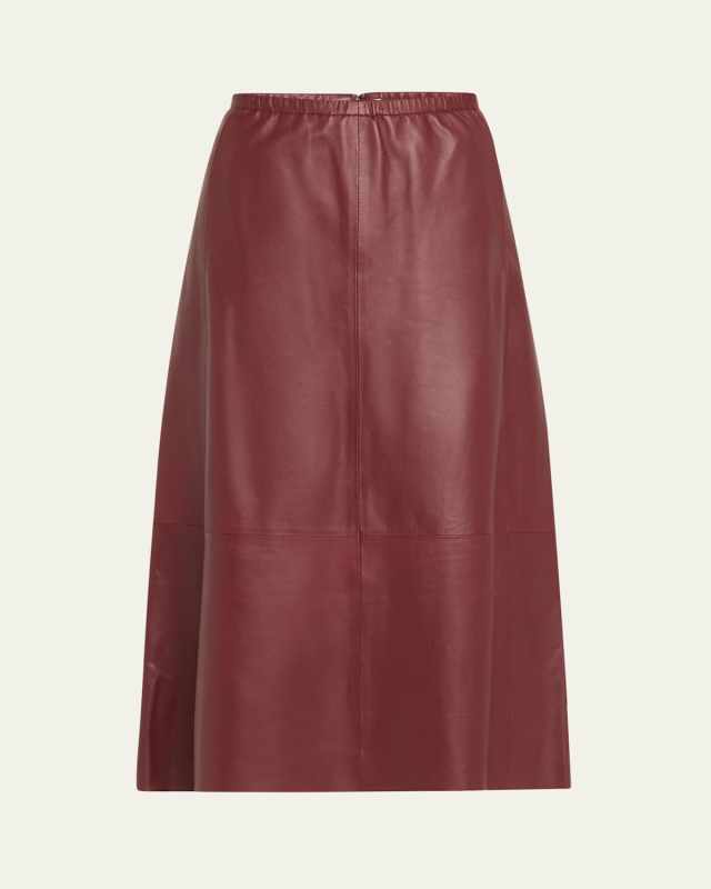 Lambskin Leather Gathered Midi Skirt